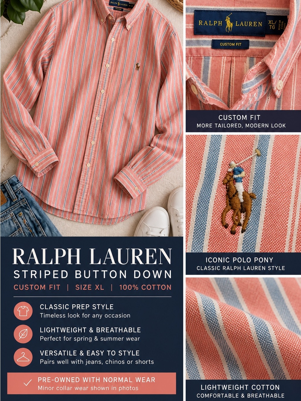 Ralph Lauren Custom Fit Striped Button Down XL Coral Blue Summer Shirt